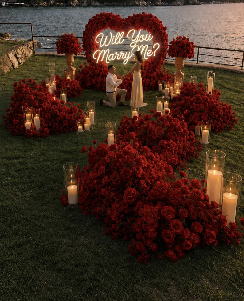 Generic red rose marriage proposal setup with floral heart, candles and Will You Marry Me neon sign